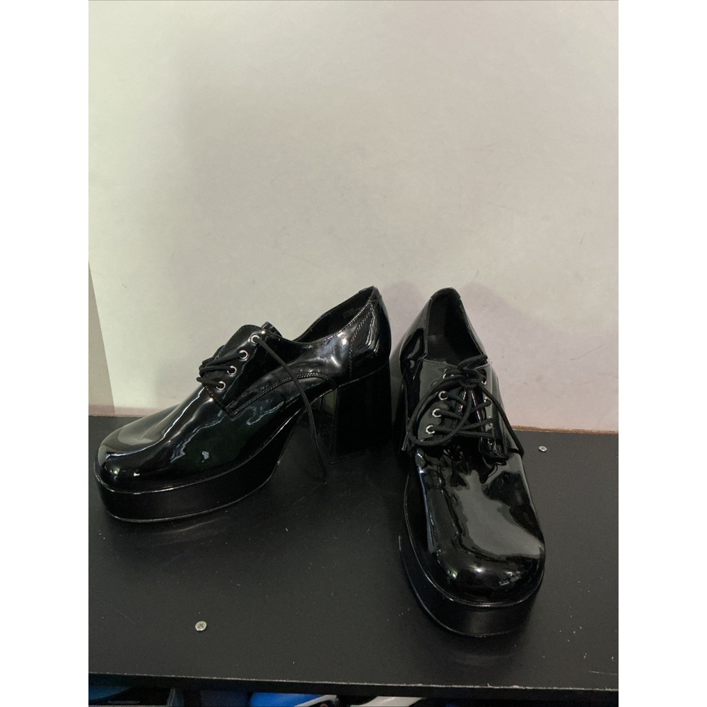 Black Funtasma Patent Platform Block Heel Lace-Up Shoes, Size Large 11.5 Inches